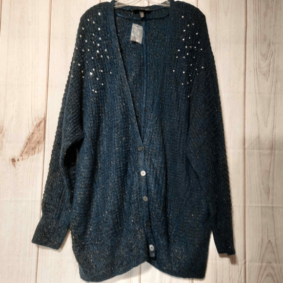 Lane Bryant Sweater Ladies 26 Jeweled Shimmer Wool Blend Dolman‎ Cardigan - Picture 1 of 10